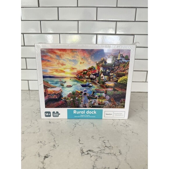 Rural Dock Sunset Ocean Town Village 1000 pc Jigsaw Puzzle 20x28 - Picture 1 of 3